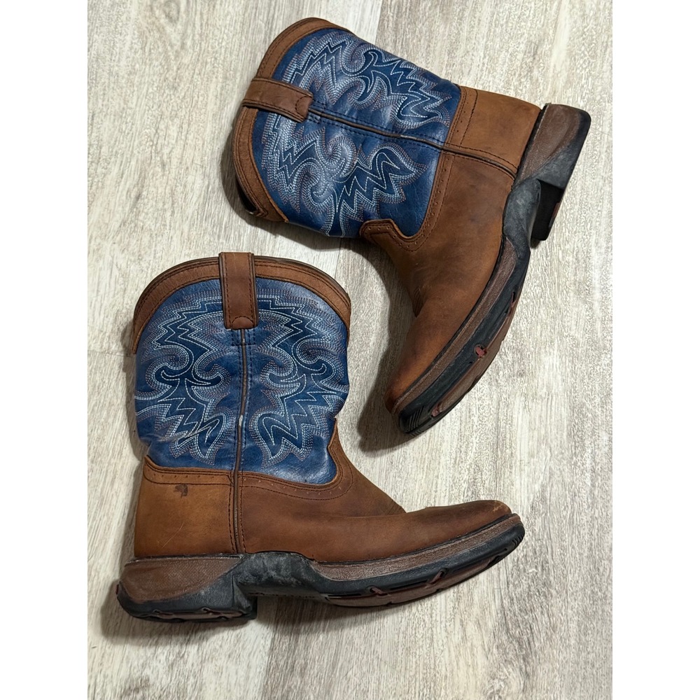 Durango Kids 8" Western Cowboy Boots Tan Navy Blue Stitching US 2.5M